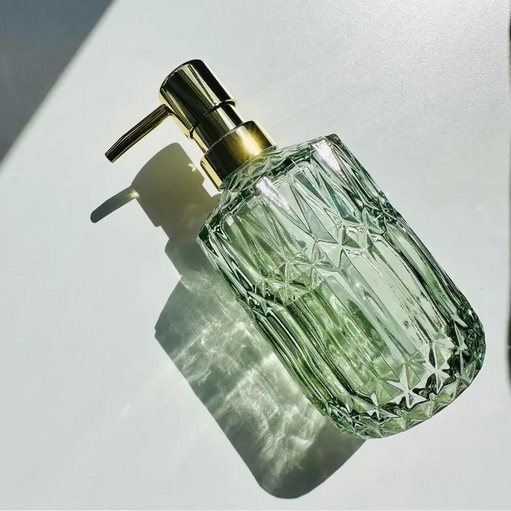NEW West Elm Gold Green Vintage Etched Glass MidCentury Modern Soap Dispenser